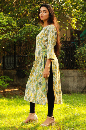 Green Ikat Print Tie Up Kurta