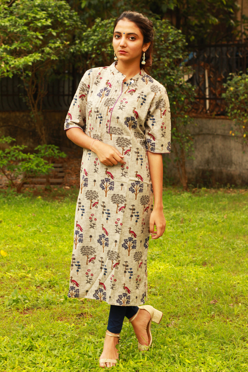 Grey Bird Print Kurta