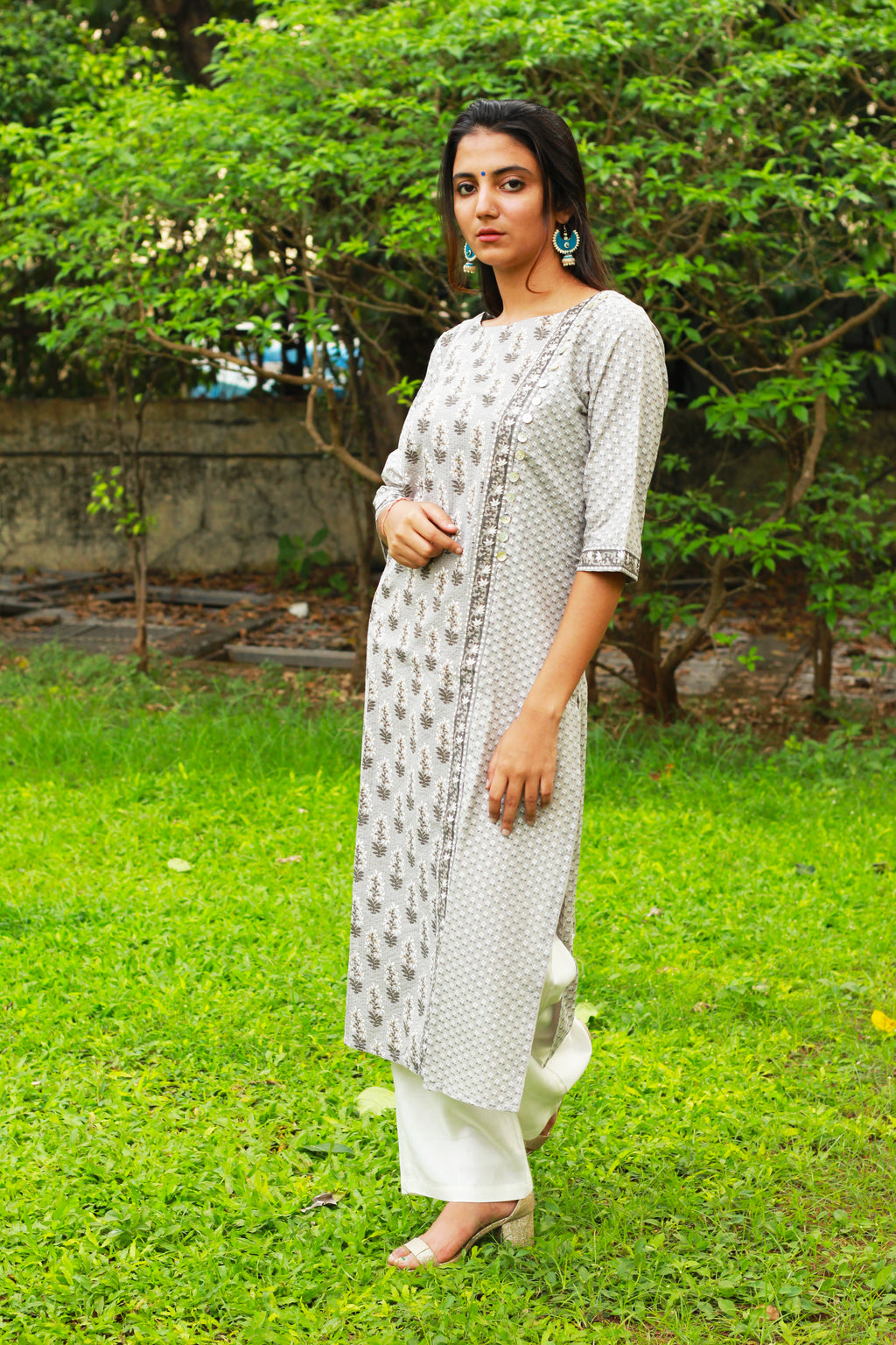 Grey Block Print Kurta