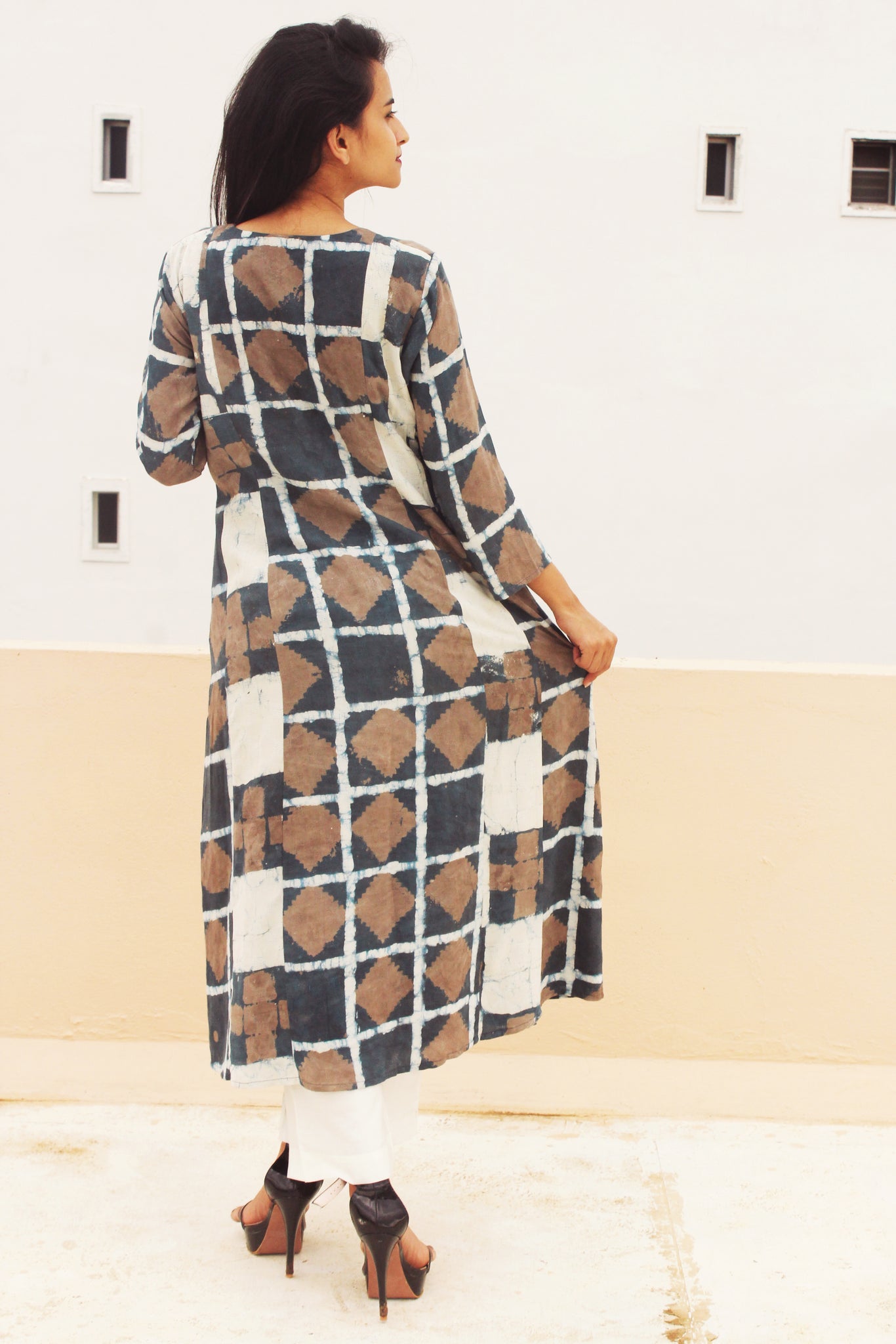 Grey Block Print Tie and Dye Kurta