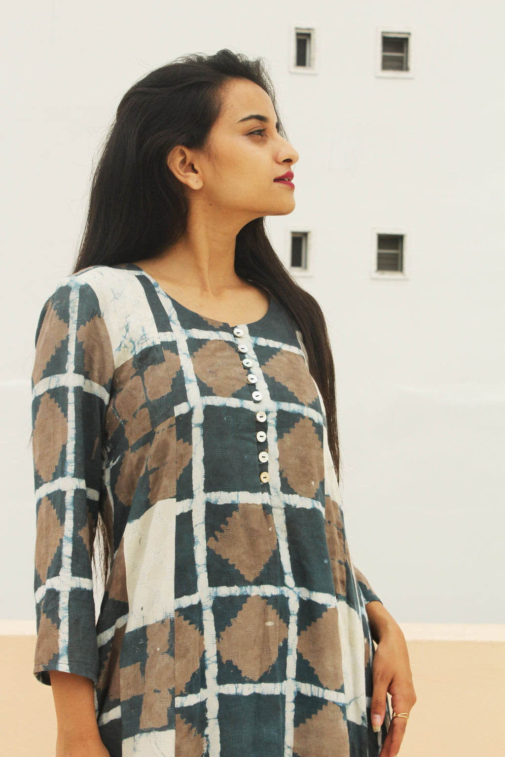 Grey Block Print Tie and Dye Kurta