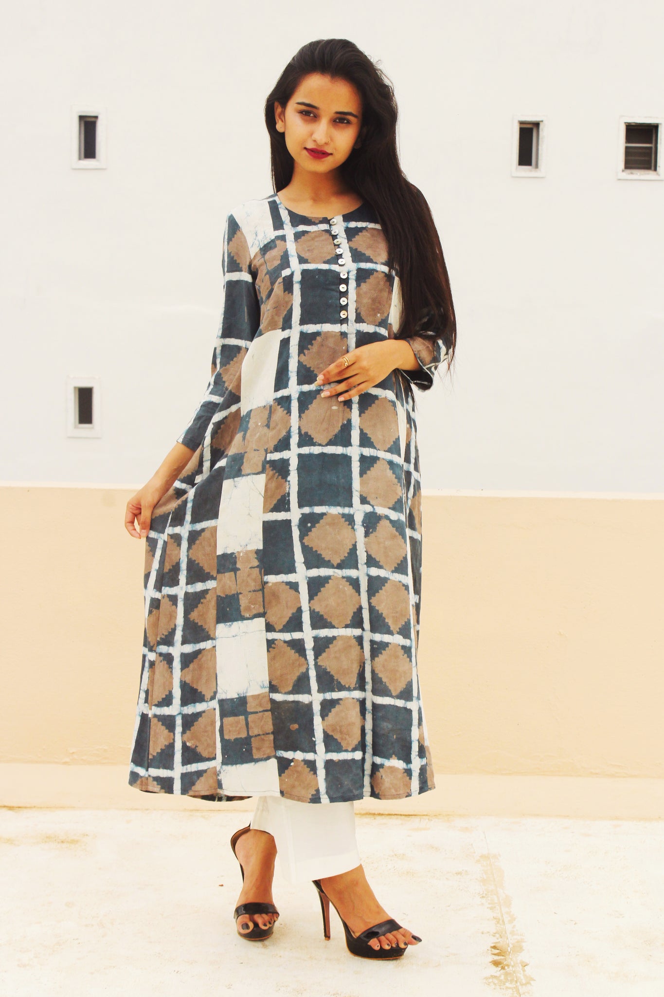 Grey Block Print Tie and Dye Kurta
