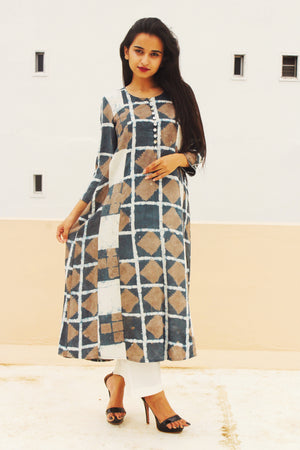 Grey Block Print Tie and Dye Kurta