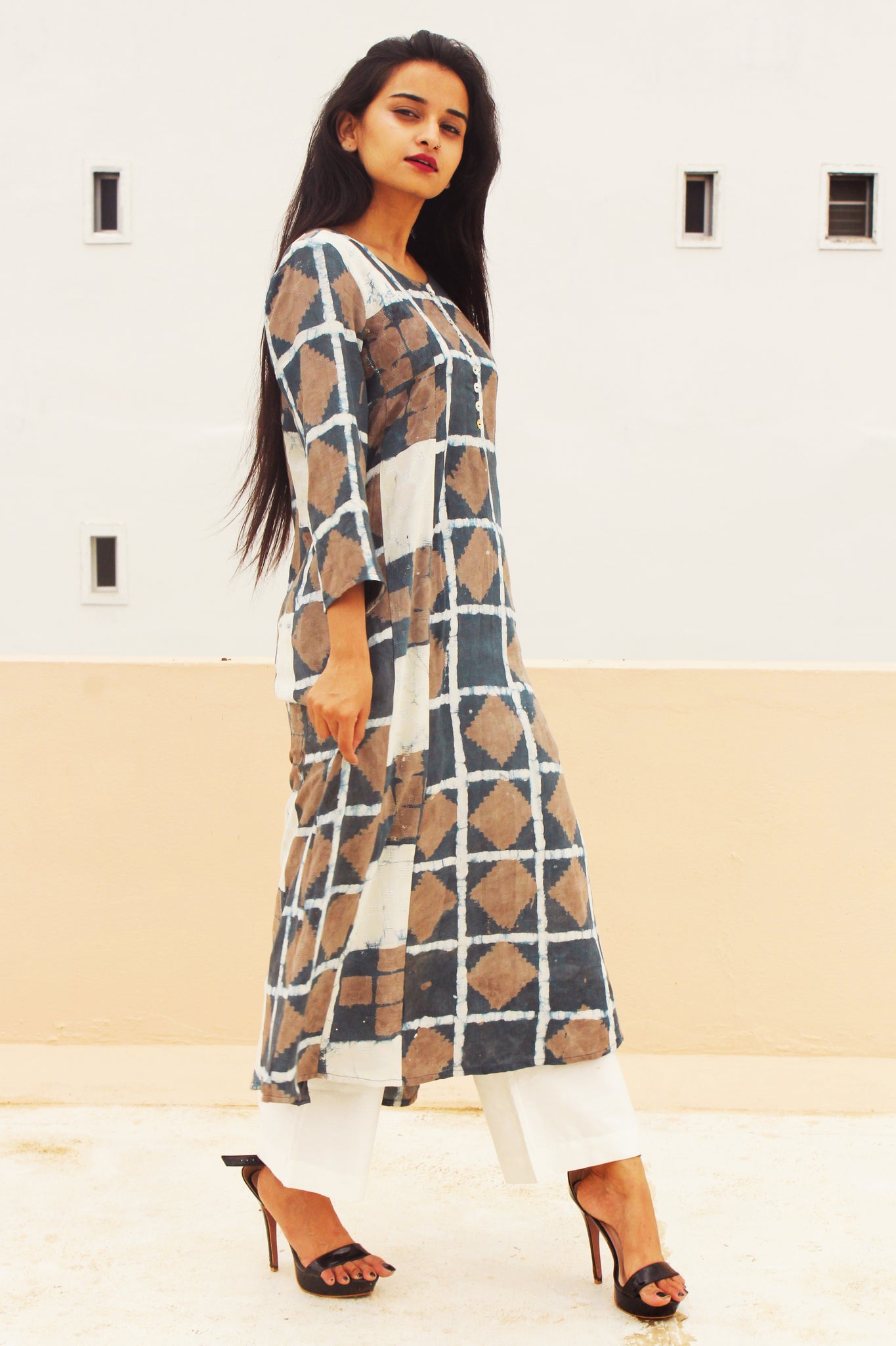 Grey Block Print Tie and Dye Kurta