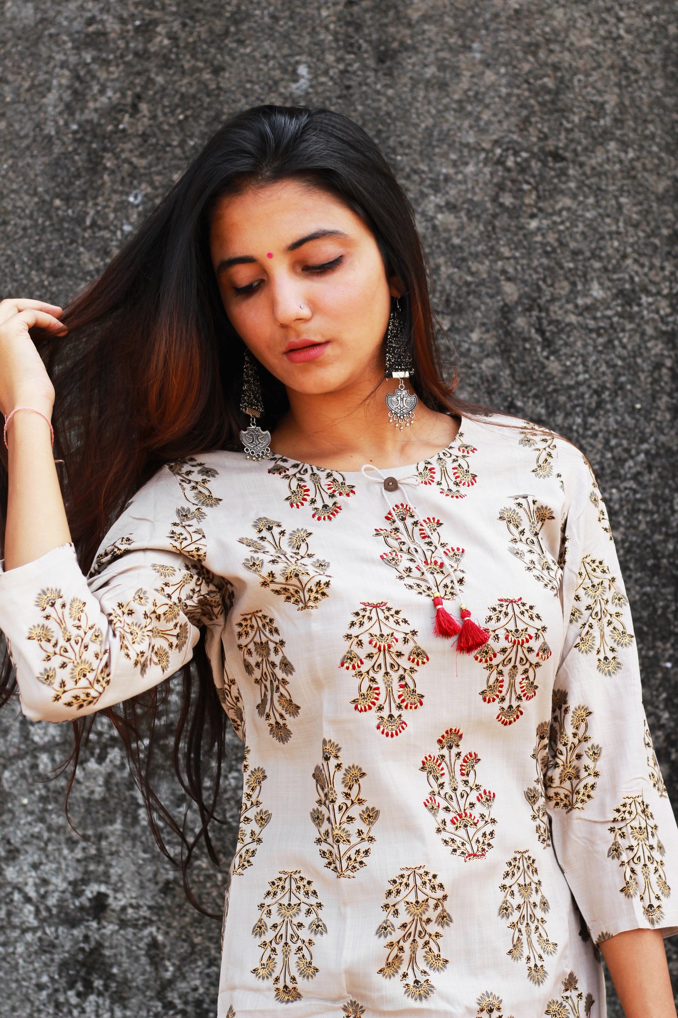 Grey Floral Print Kurta