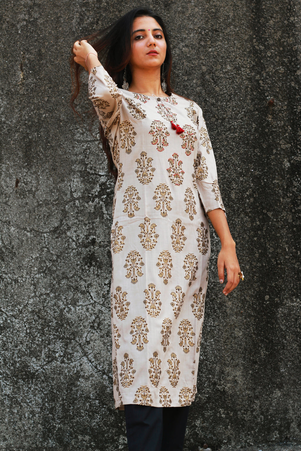 Grey Floral Print Kurta