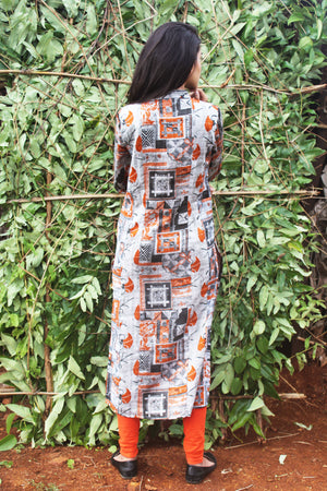 Grey Printed Cotton Satin Kurta