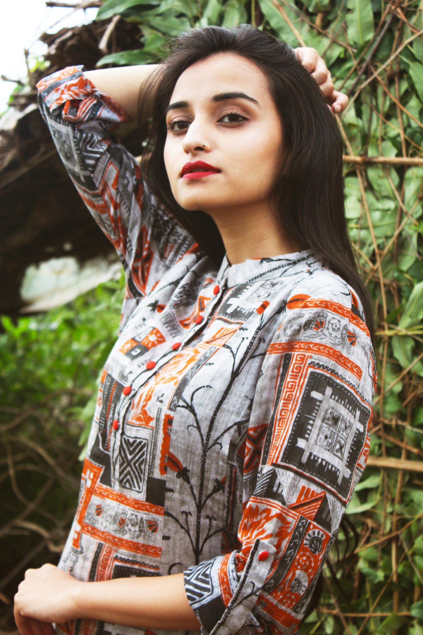 Grey Printed Cotton Satin Kurta