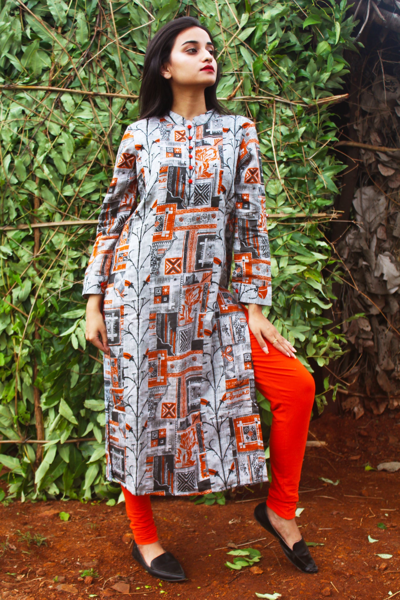 Grey Printed Cotton Satin Kurta