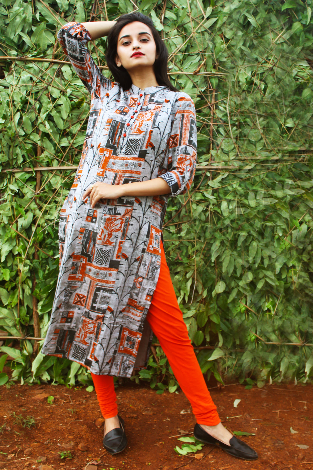 Grey Printed Cotton Satin Kurta