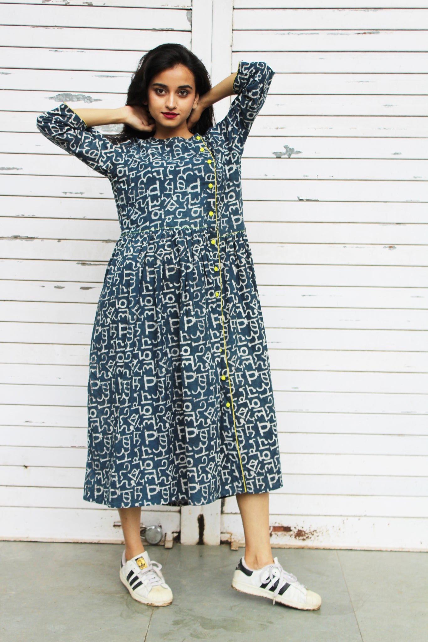 Hindi Print Button Down Dress