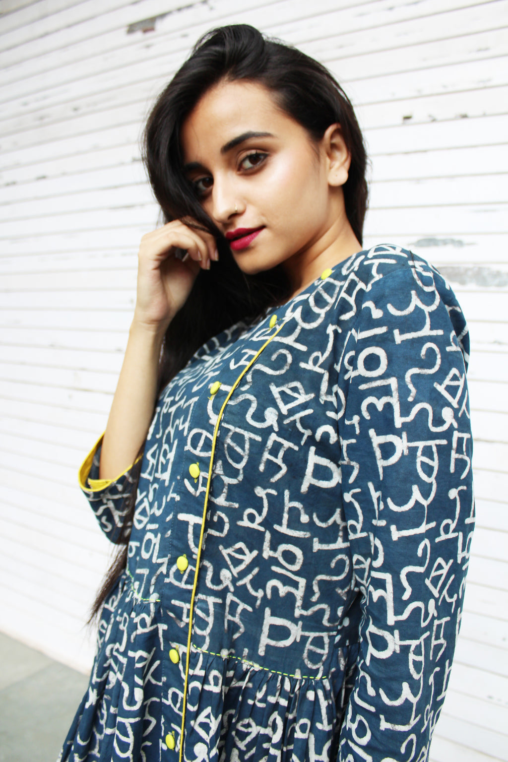 Hindi Print Button Down Dress