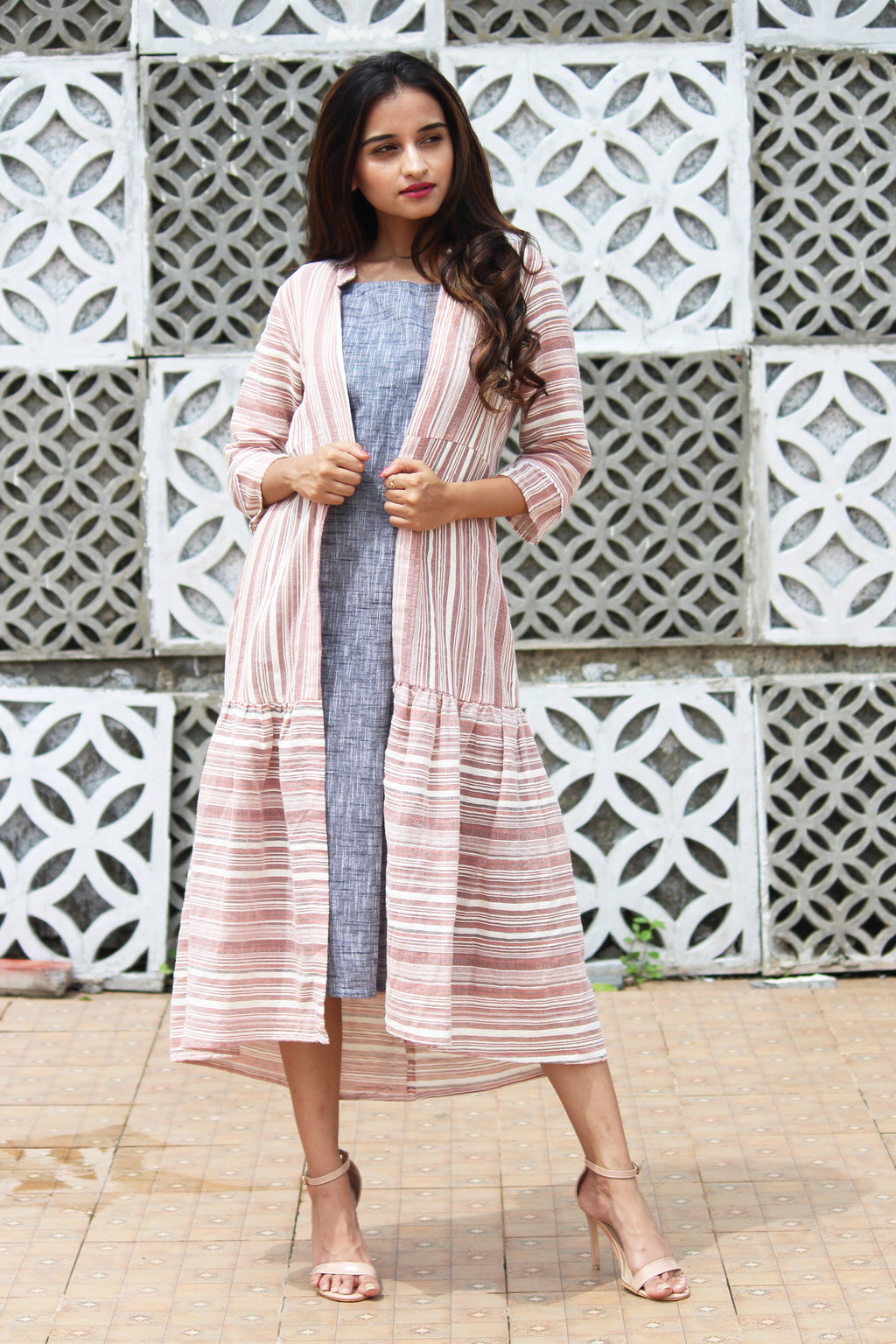 Yarn Dyed Long Jacket With Cotton Slub Inner Set