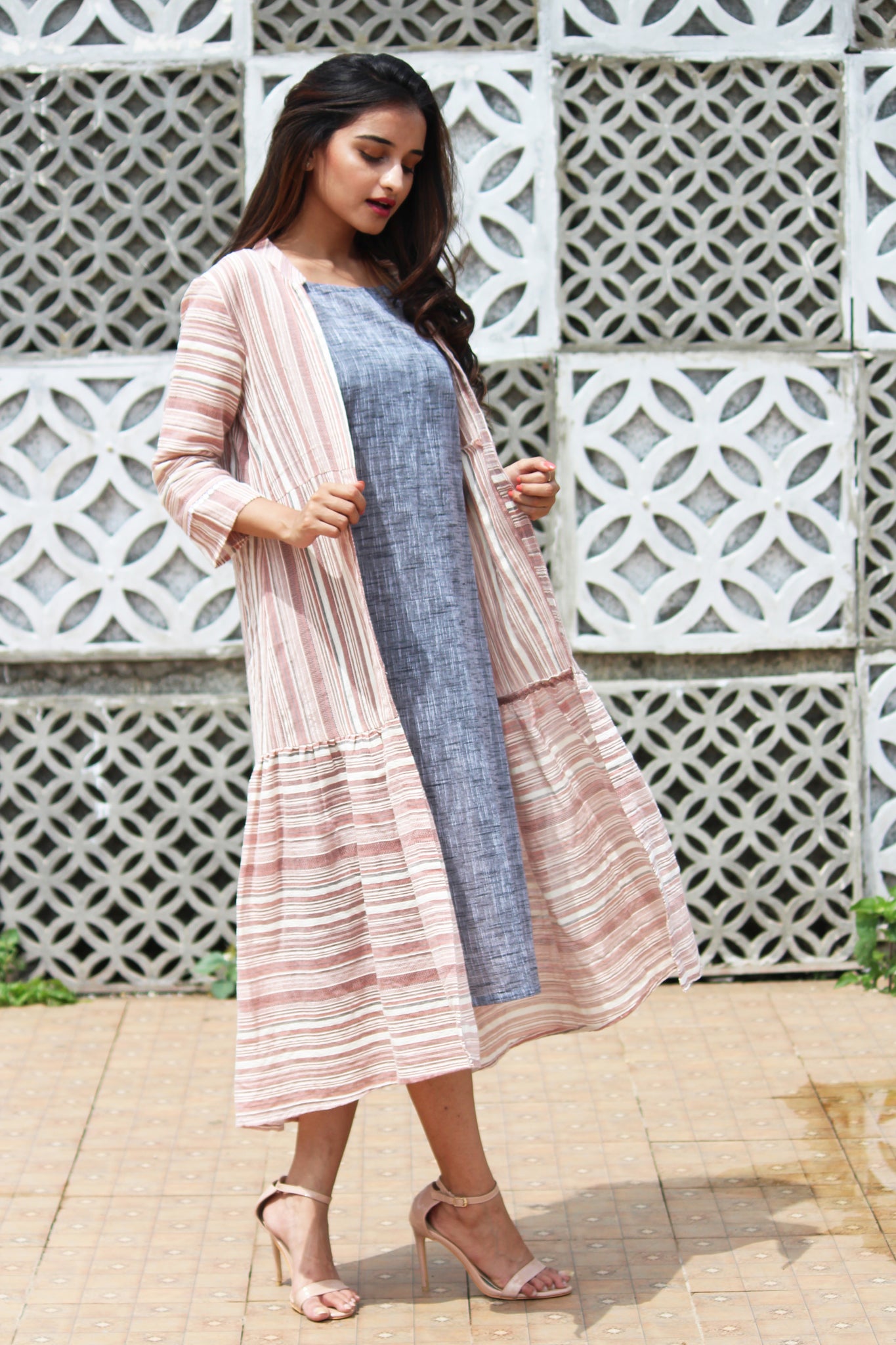 Yarn Dyed Long Jacket With Cotton Slub Inner Set