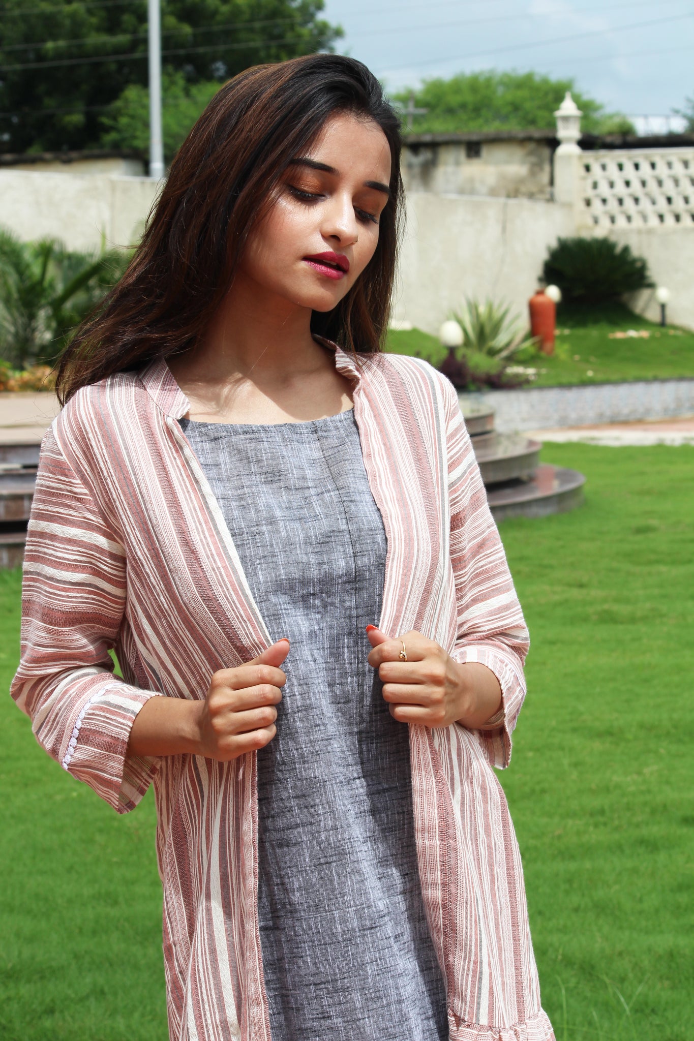 Yarn Dyed Long Jacket With Cotton Slub Inner Set