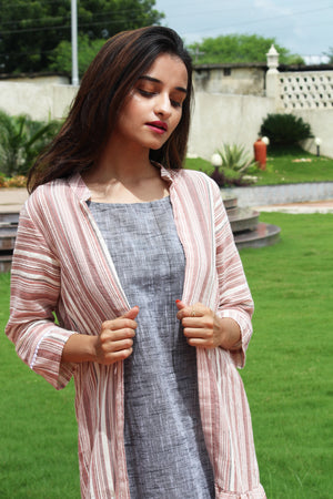 Yarn Dyed Long Jacket With Cotton Slub Inner Set