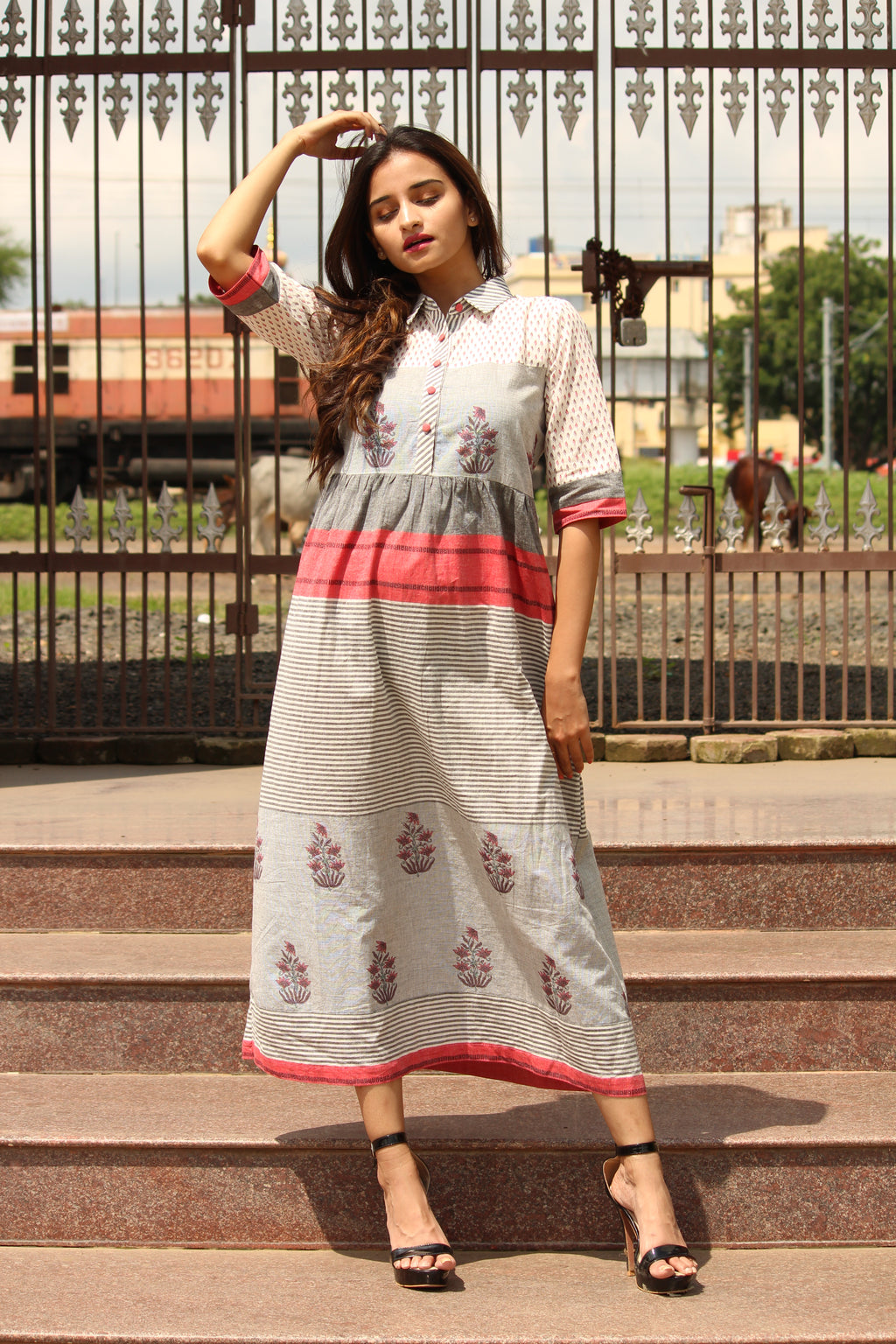 Multi Print Collar Dress