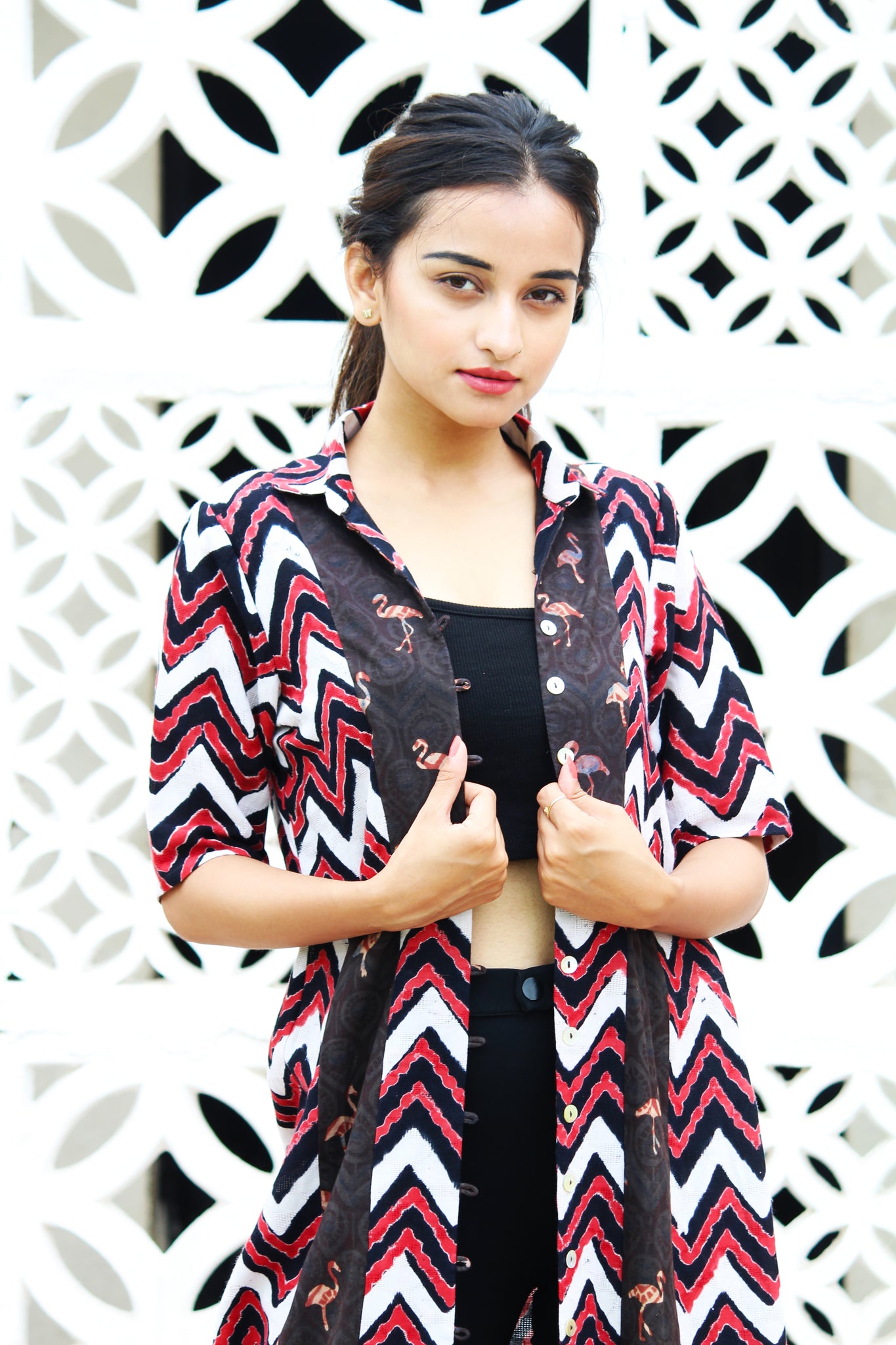 Zig Zag Dobby and Flamingo Print Jacket