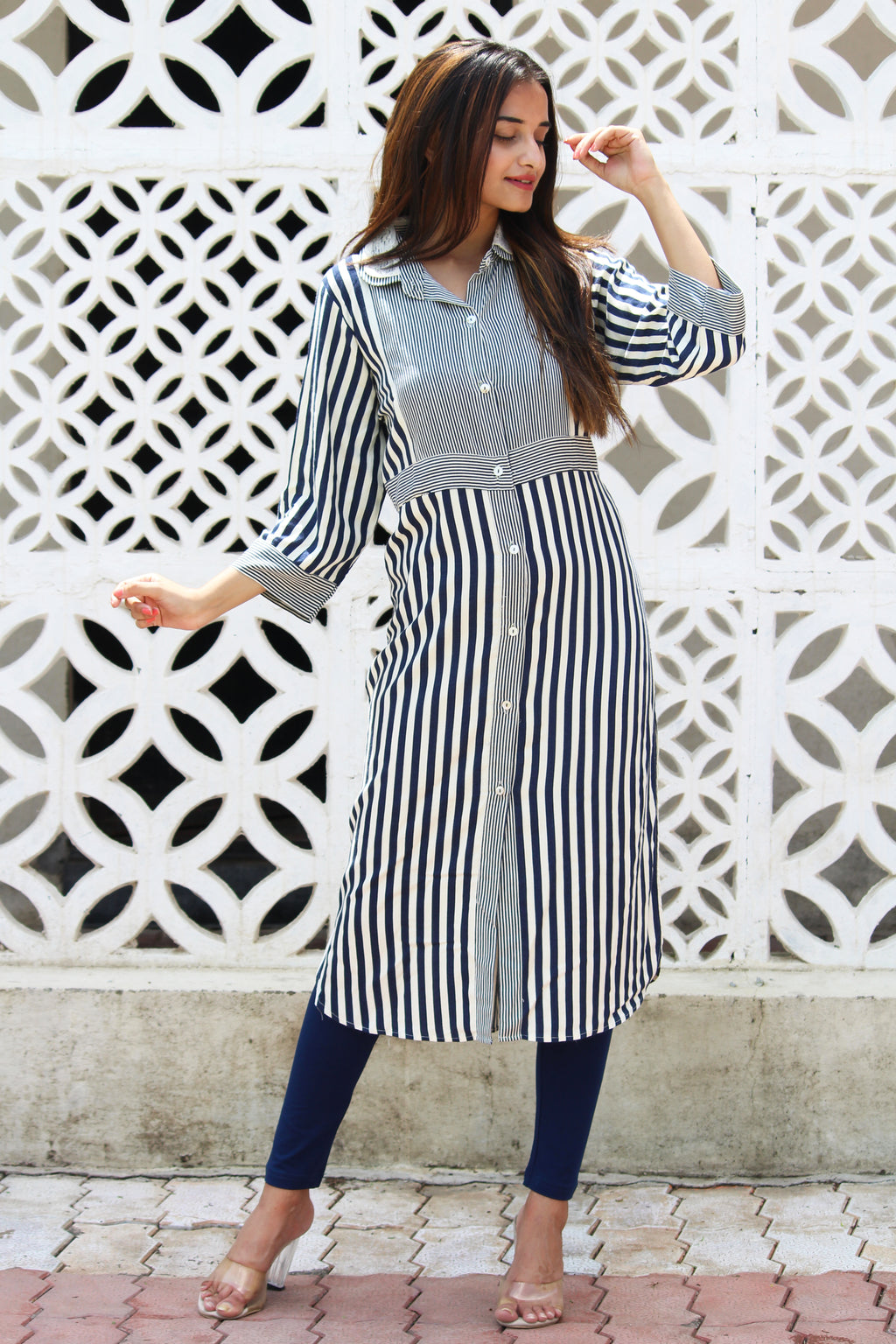 Lace Peter Pan Collar Stripe Kurta