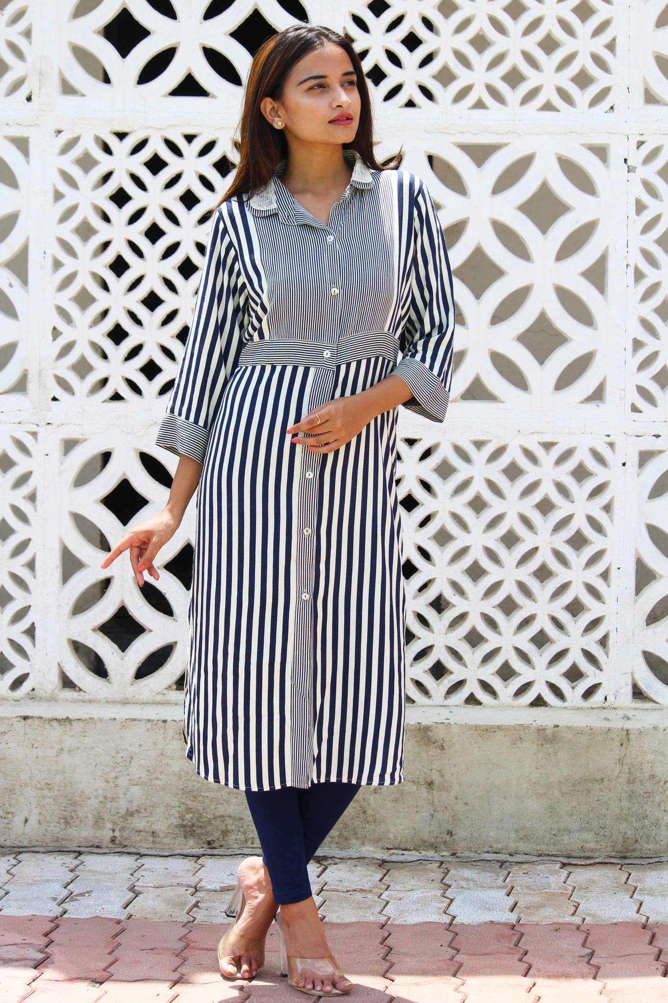 Lace Peter Pan Collar Stripe Kurta
