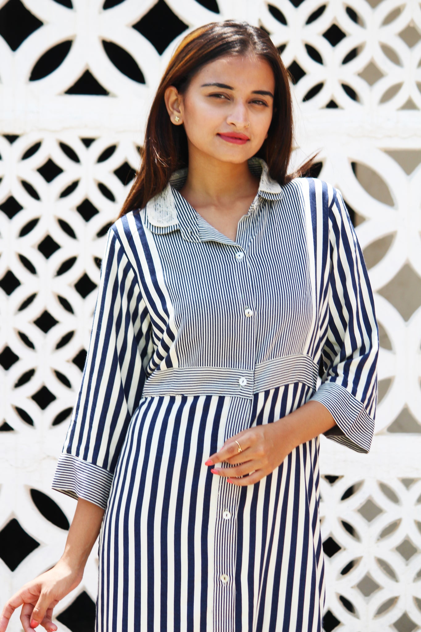 Lace Peter Pan Collar Stripe Kurta