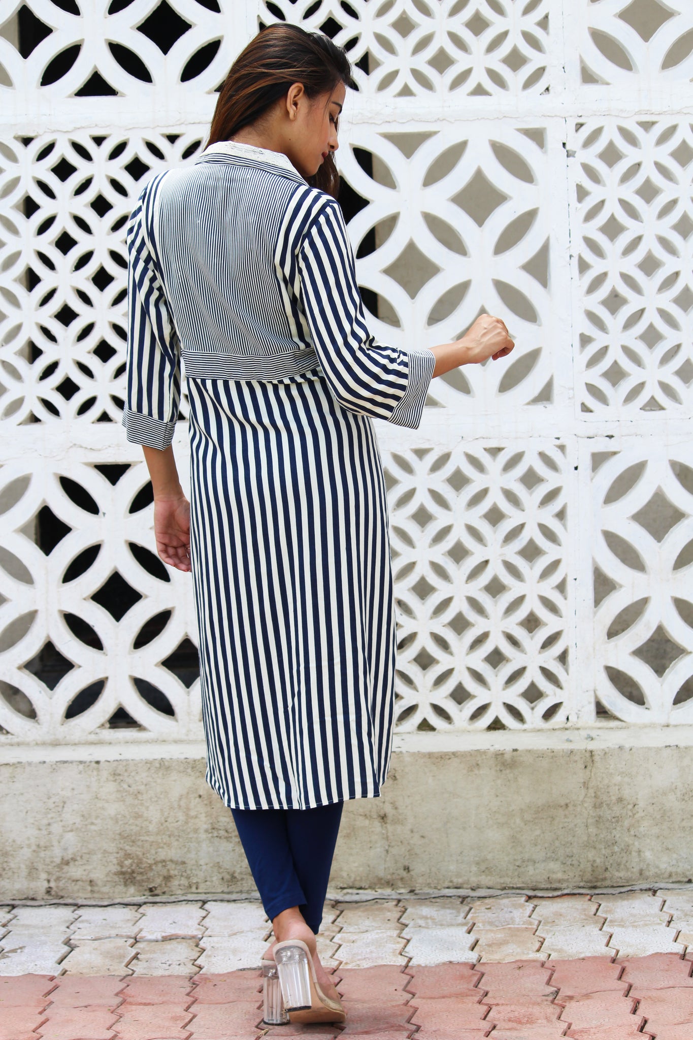 Lace Peter Pan Collar Stripe Kurta