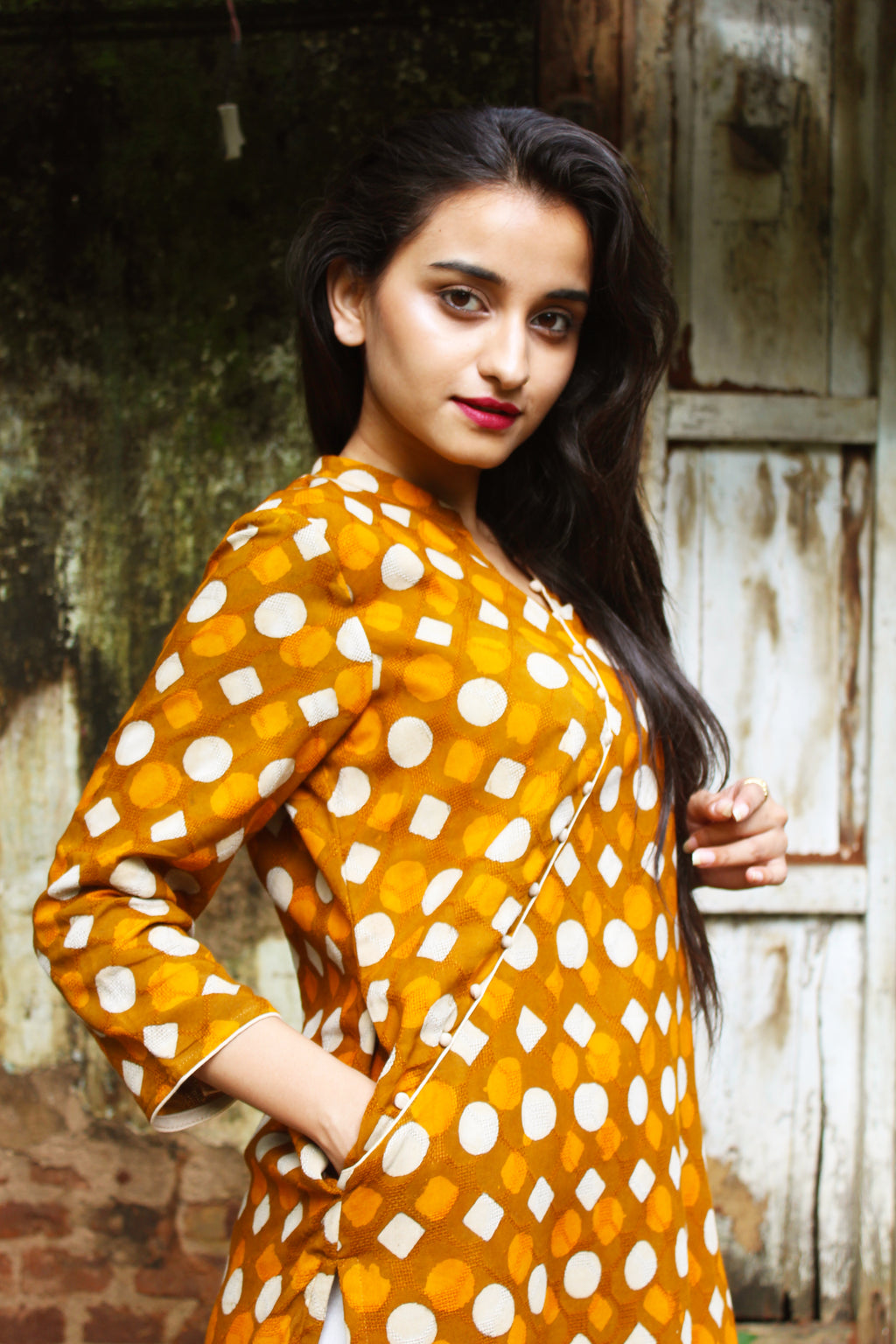 Mustard Block Print Cotton Kurta