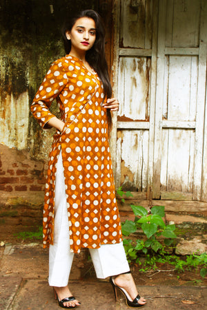 Mustard Block Print Cotton Kurta