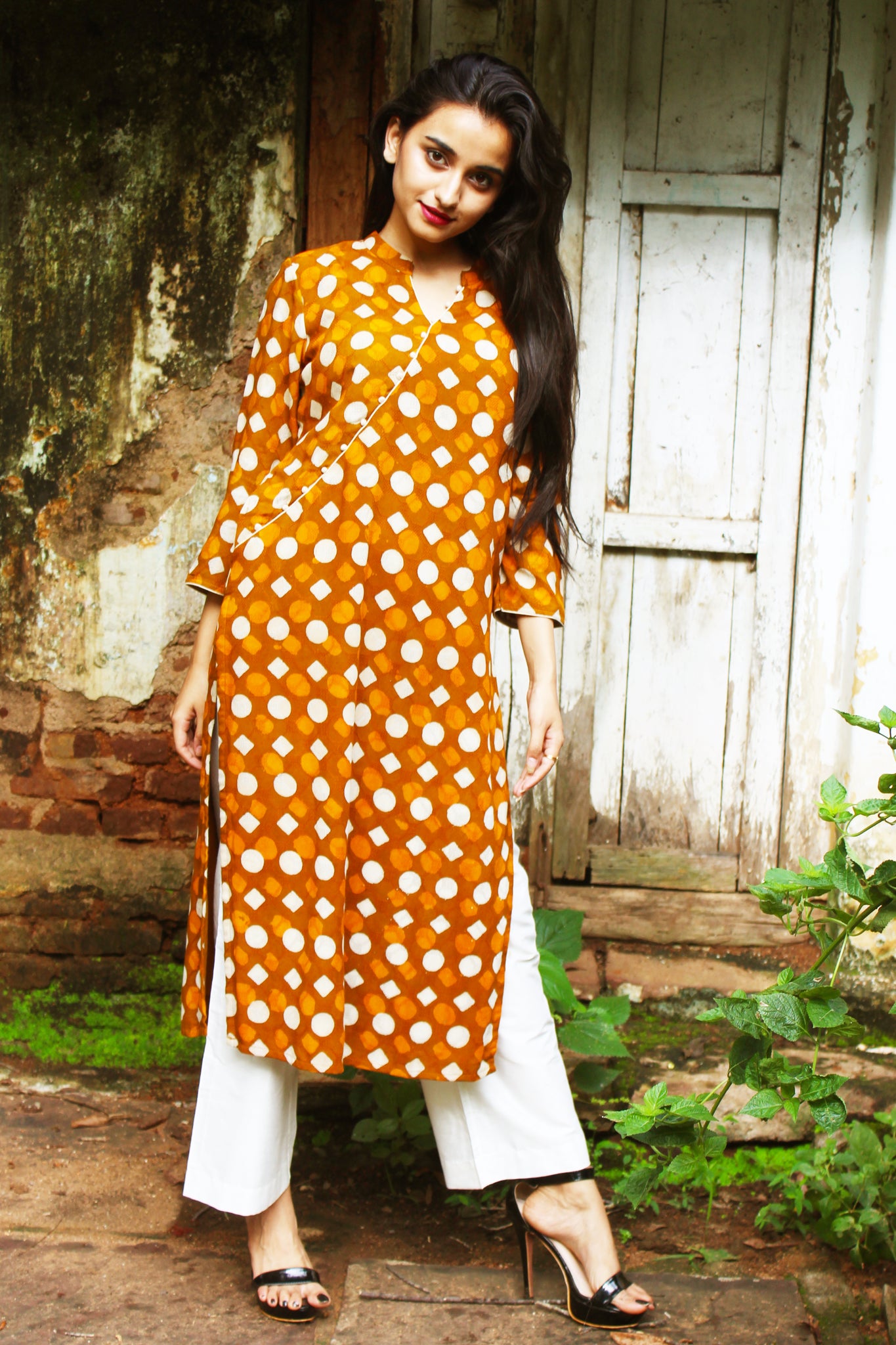 Mustard Block Print Cotton Kurta