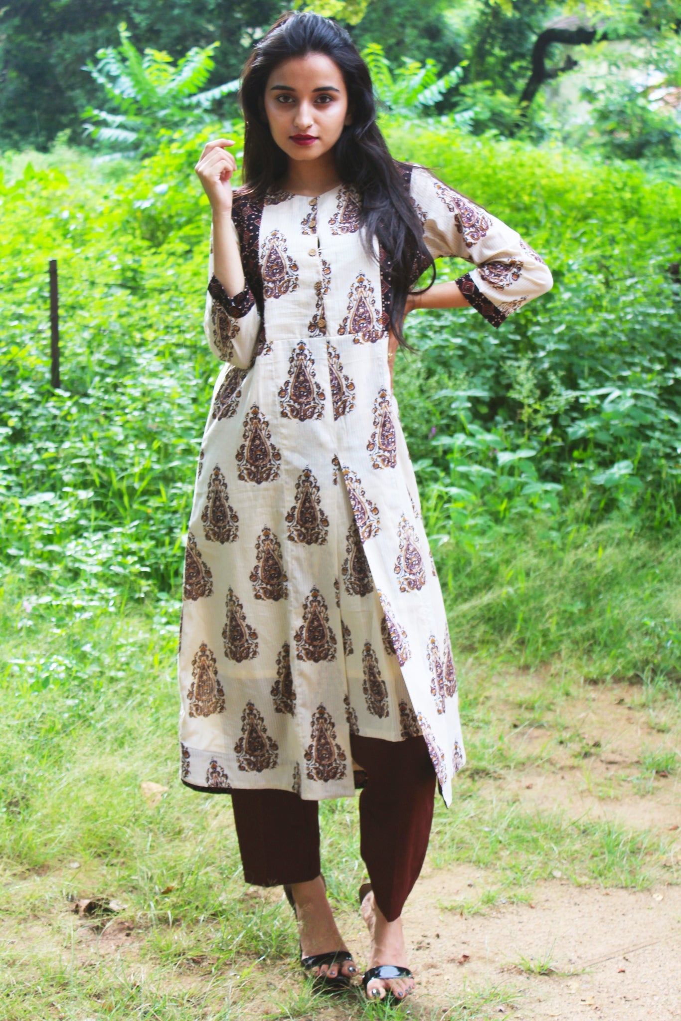 Off white and Brown Ajrakh Print Kurta