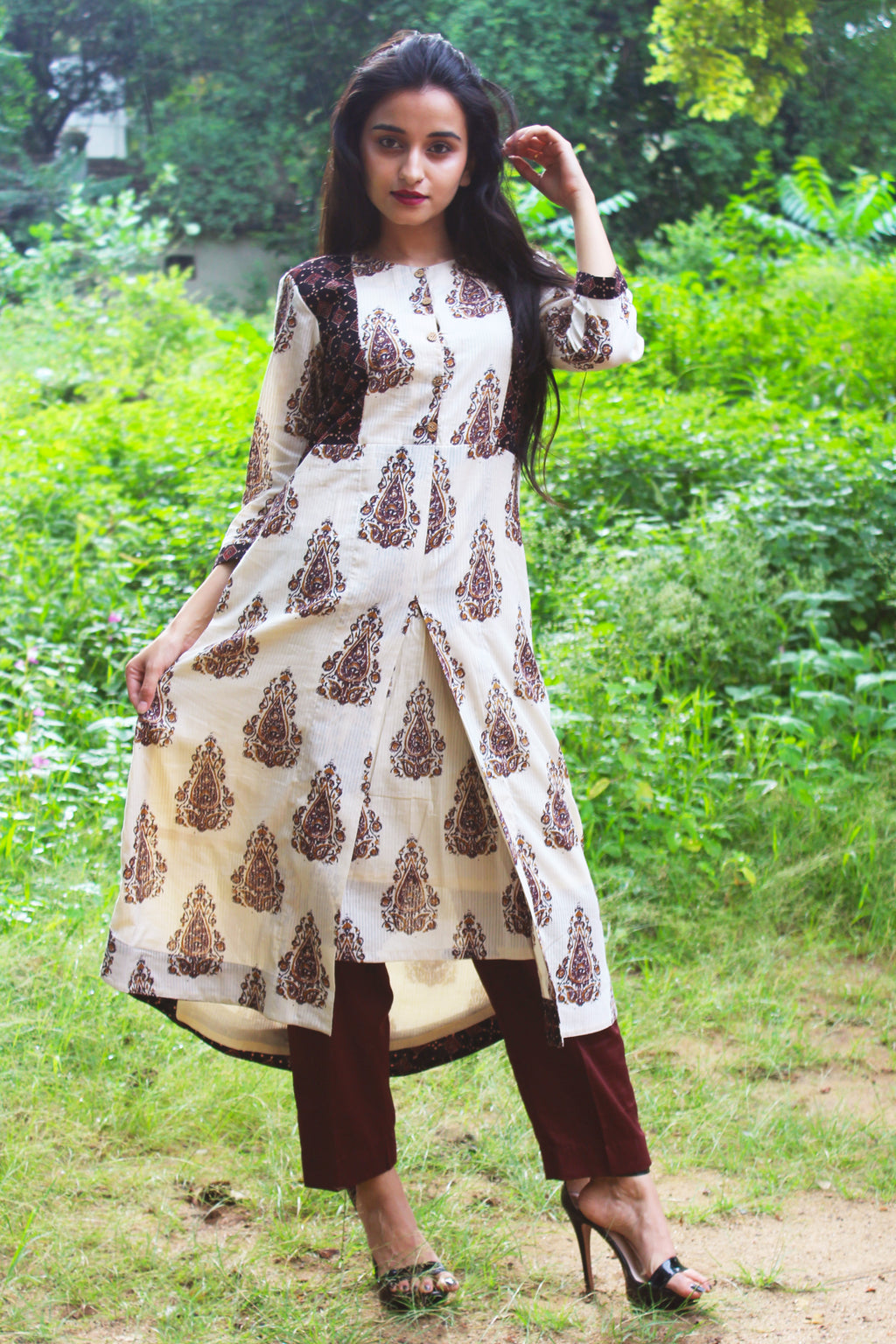 Off white and Brown Ajrakh Print Kurta