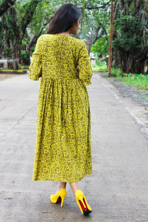 Olive Hindi Print Long Dress