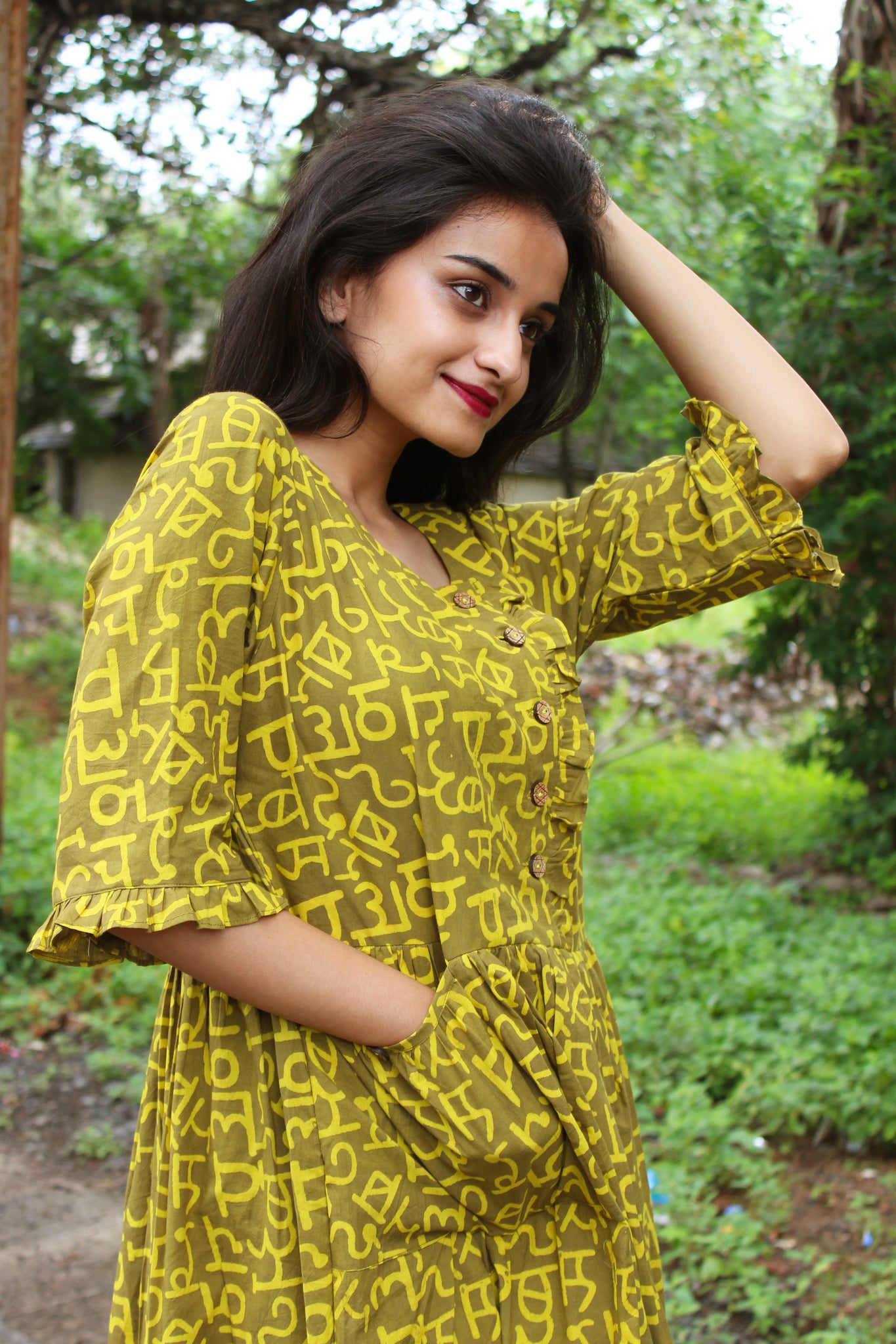 Olive Hindi Print Long Dress