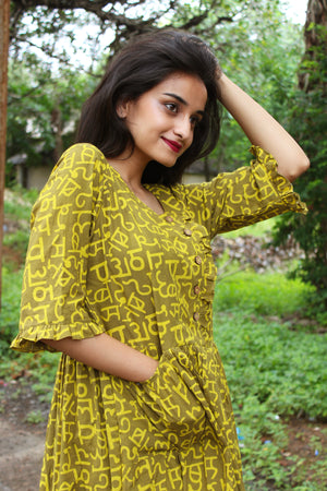 Olive Hindi Print Long Dress