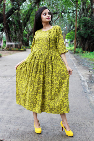 Olive Hindi Print Long Dress