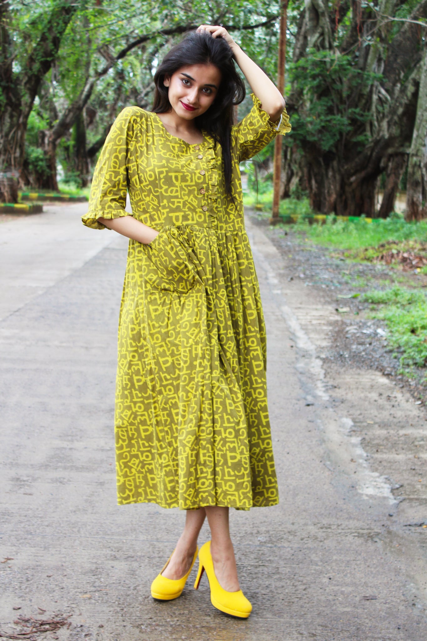 Olive Hindi Print Long Dress