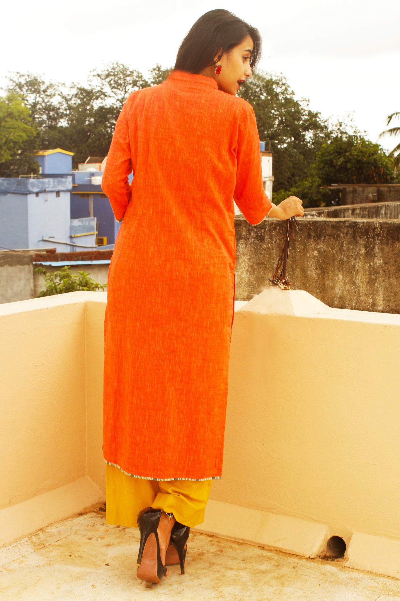 Orange Cotton Slub Kurta