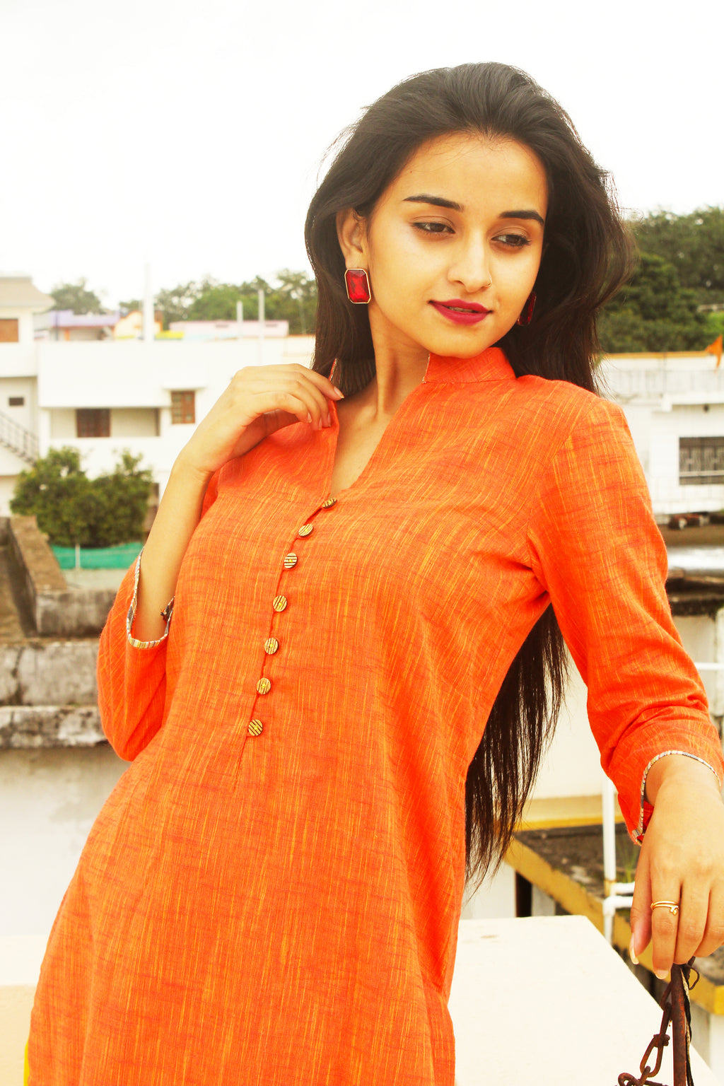 Orange Cotton Slub Kurta