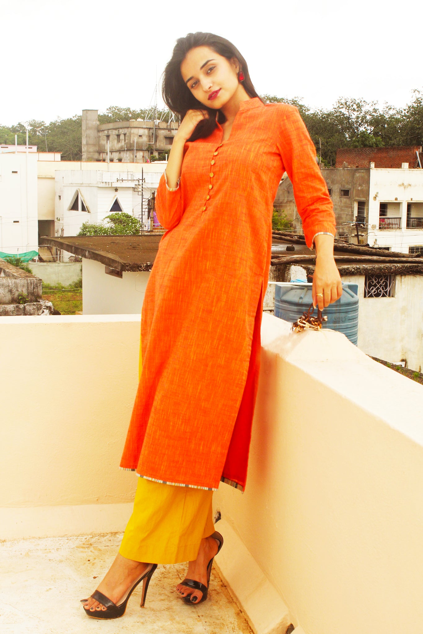 Orange Cotton Slub Kurta