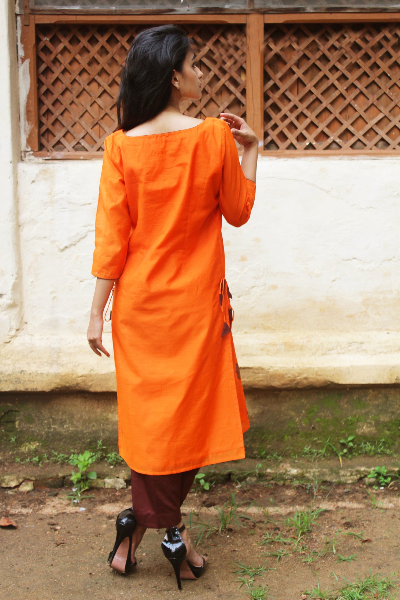 Orange Geometric Embroidery Chanderi Kurta
