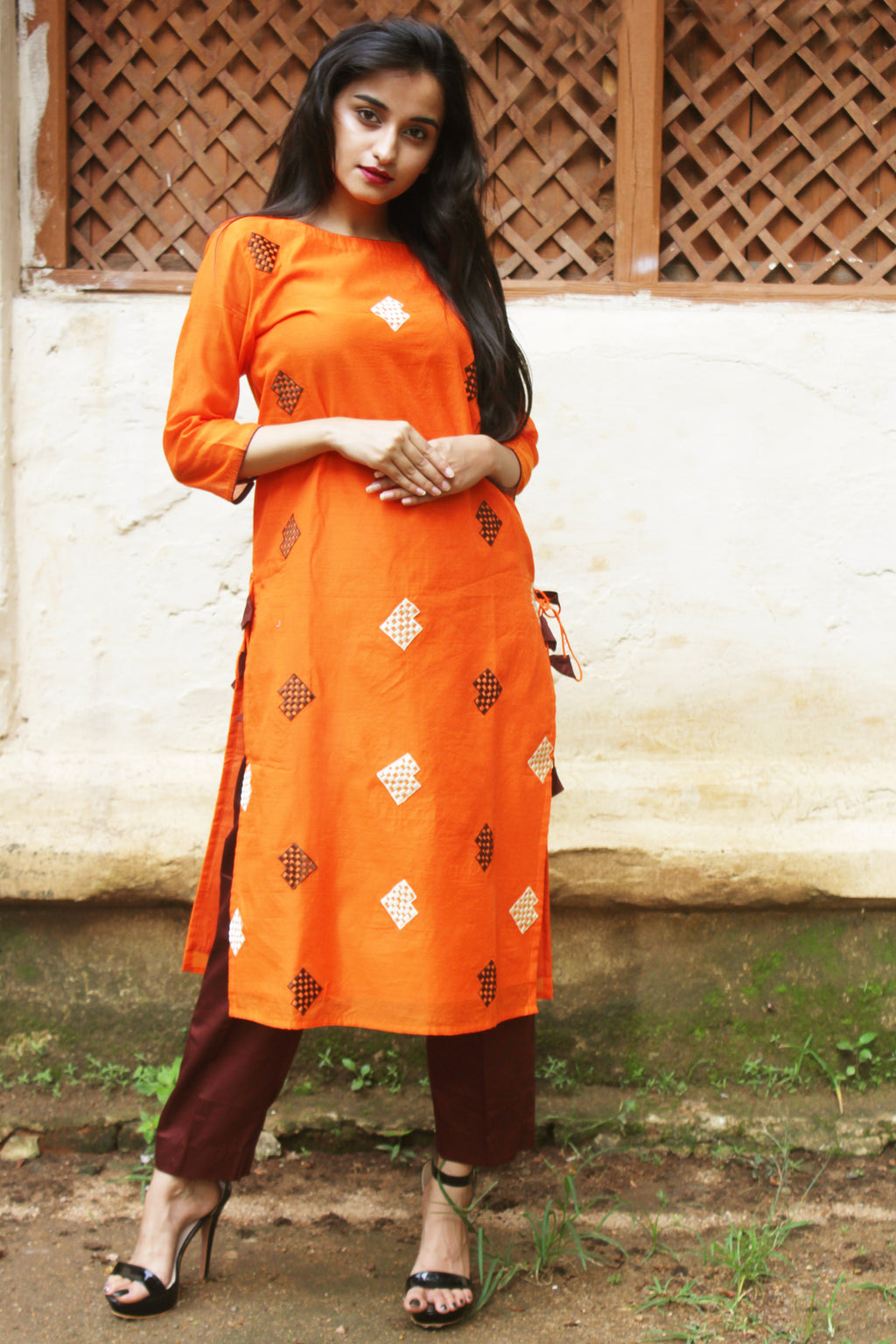 Orange Geometric Embroidery Chanderi Kurta