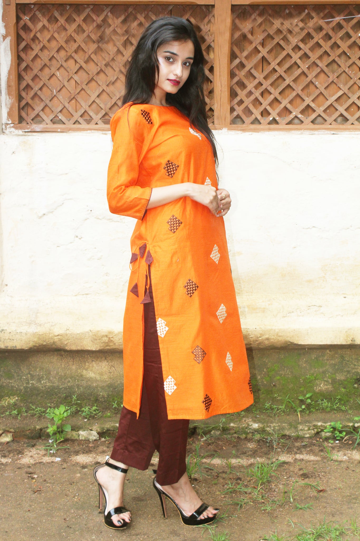 Orange Geometric Embroidery Chanderi Kurta