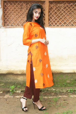 Orange Geometric Embroidery Chanderi Kurta