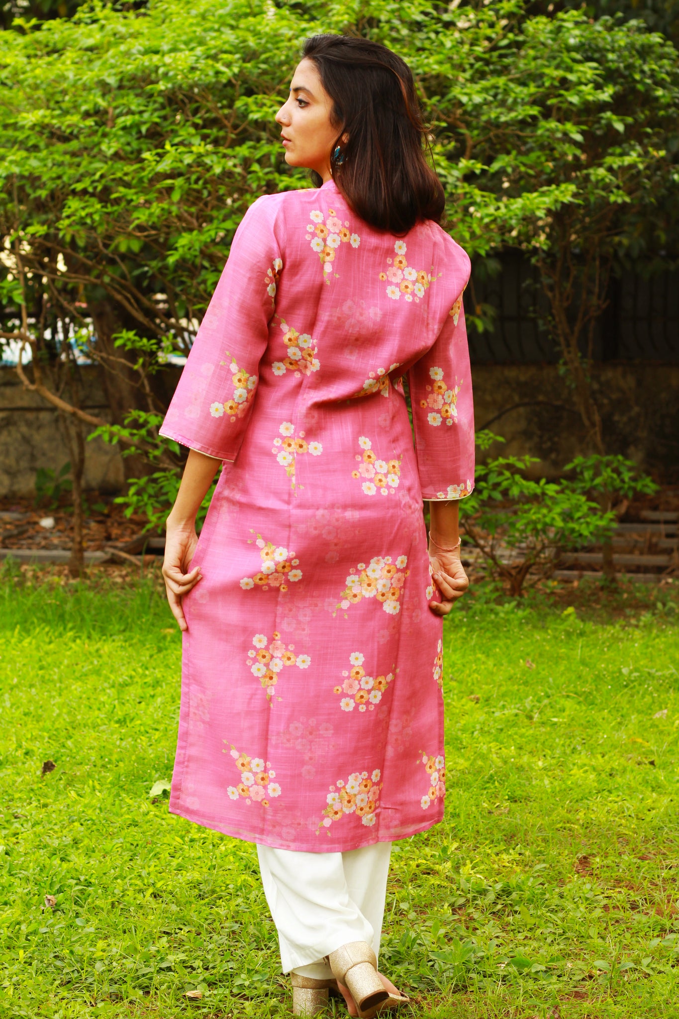 Pink Floral Print Cotton Linen Kurta