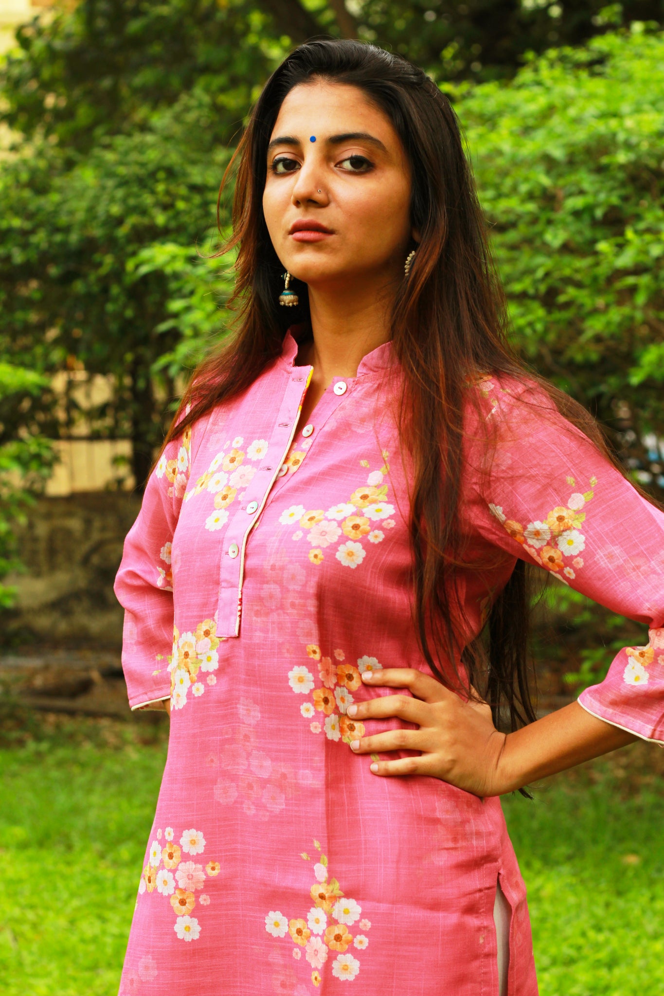 Pink Floral Print Cotton Linen Kurta