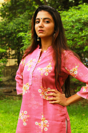 Pink Floral Print Cotton Linen Kurta
