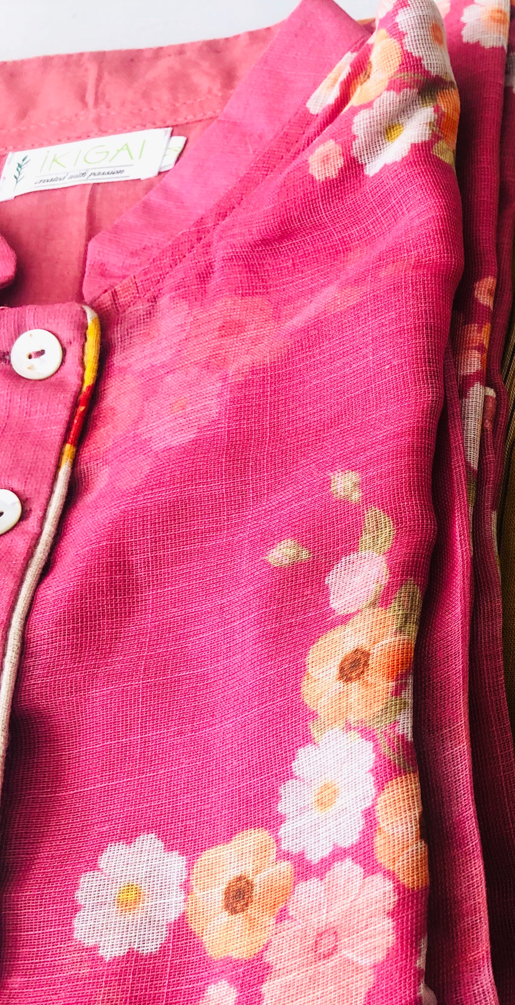 Pink Floral Print Cotton Linen Kurta