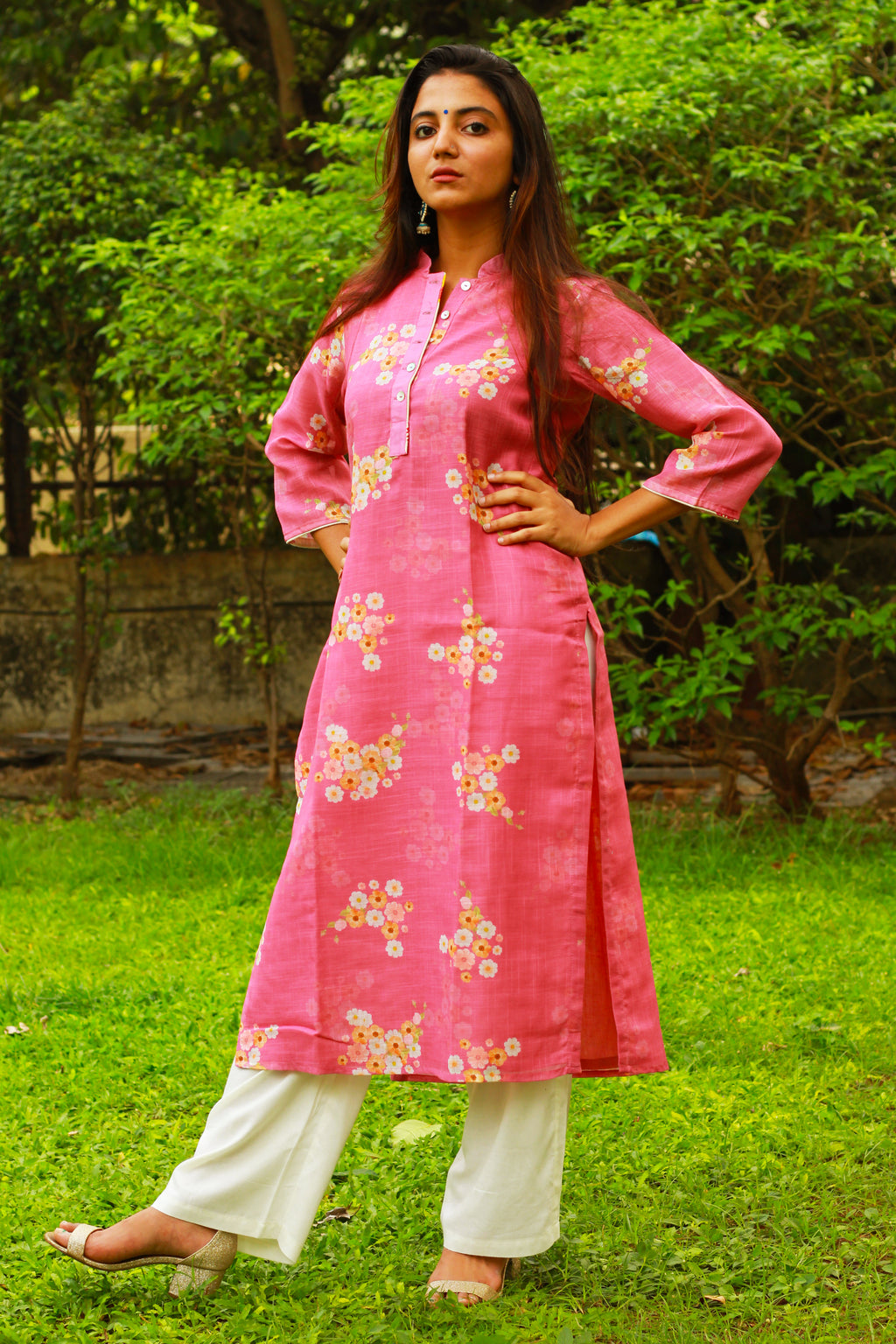 Pink Floral Print Cotton Linen Kurta