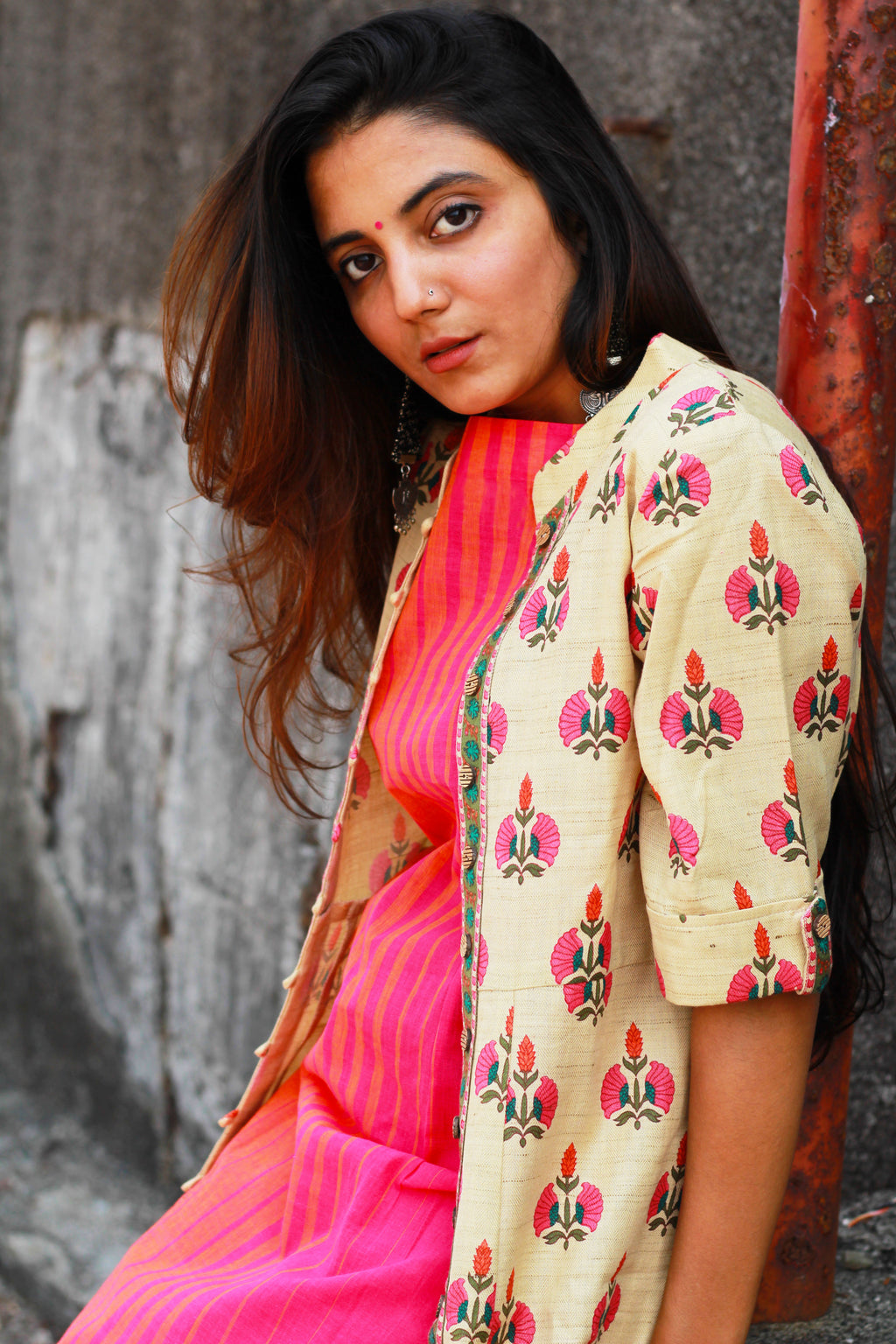 Rayon Floral Print Jacket And Cotton Stripe Inner Kurta Set