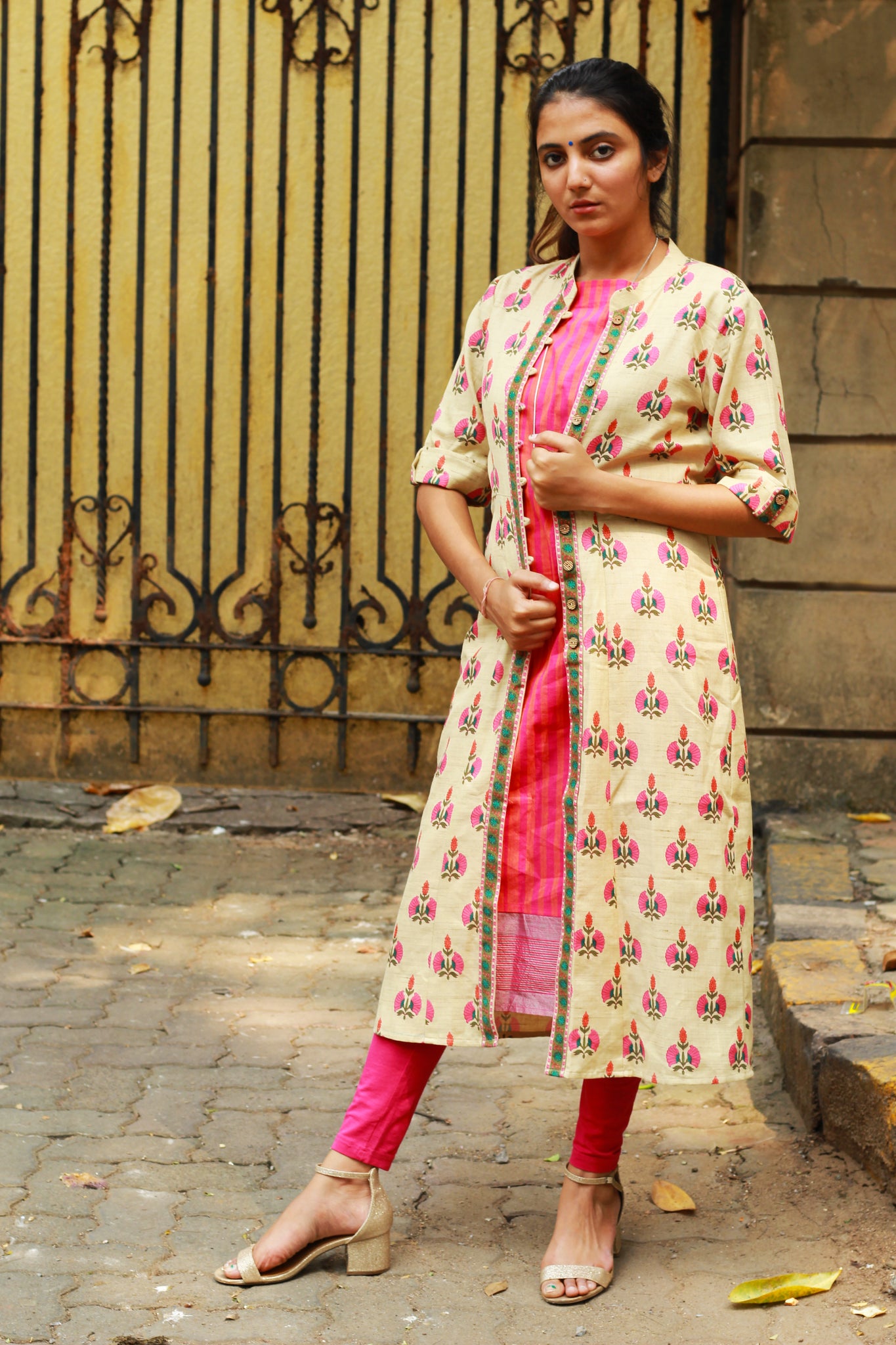 Rayon Floral Print Jacket And Cotton Stripe Inner Kurta Set